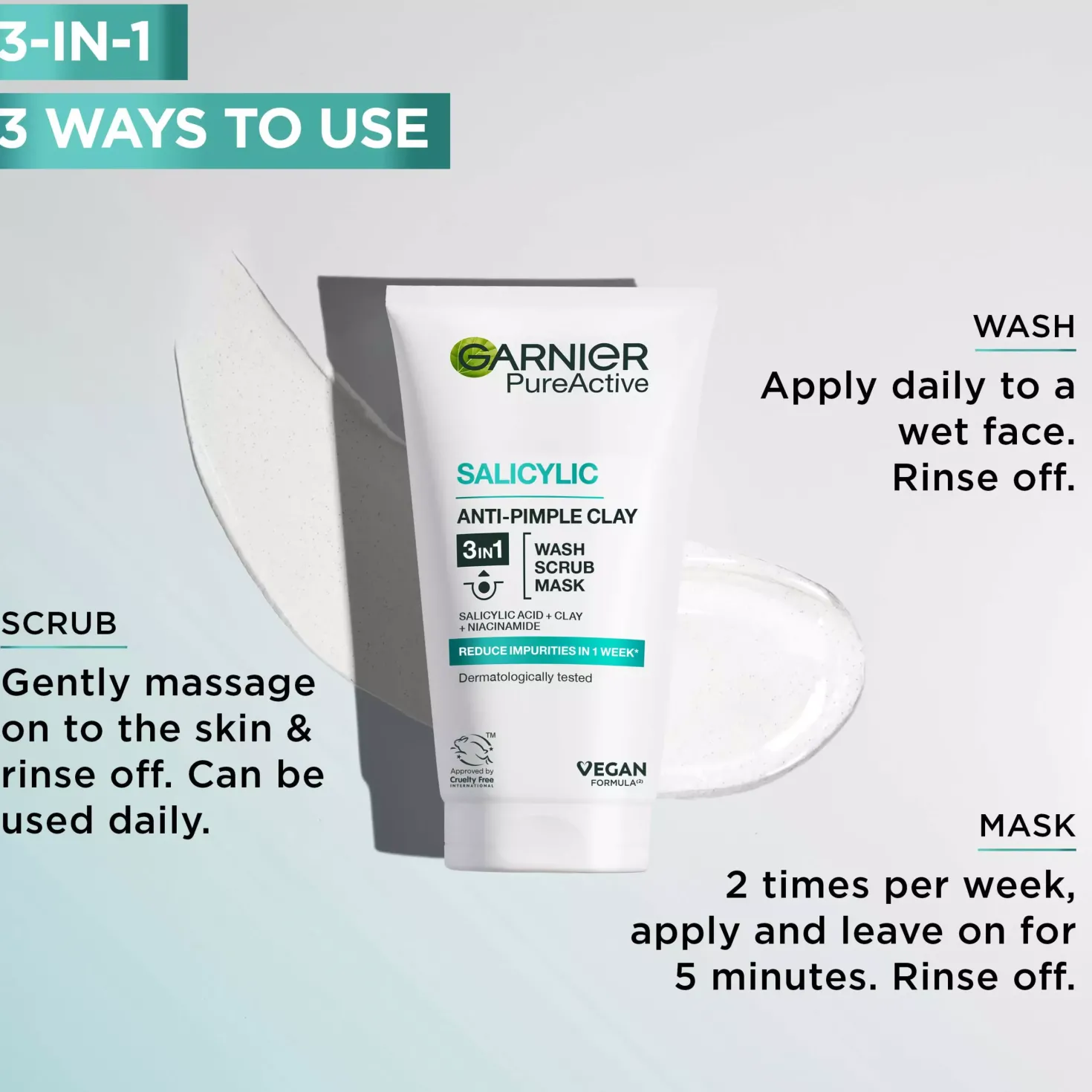 GarnierPureActive Salicylic In1 Anti-Pimple Clay Cleanser For Impure Skin 150 ml