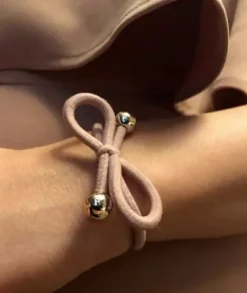 Ia Bon Hair Tie With Gold Bead Soft Cream