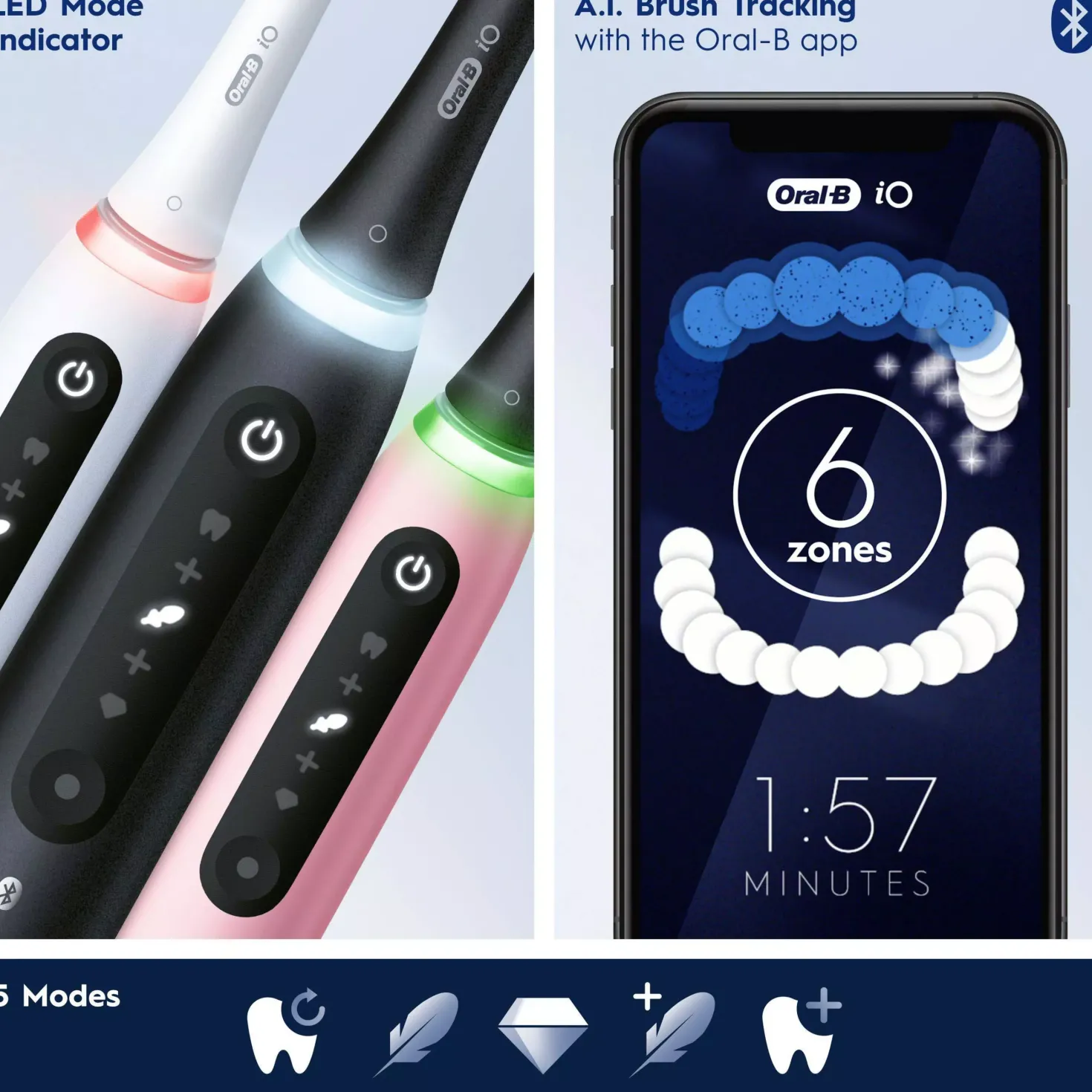Oral B iO 5 black and white electric toothbrushes Designed by Braun