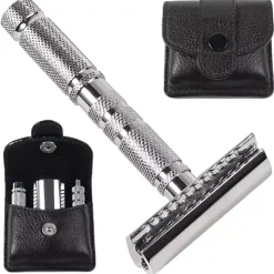 Parker Shaving A1-R 4 piece travel safety razor & leather pouch